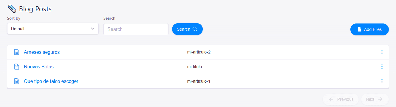 menu avec les articles existants et bouton « Add Files »