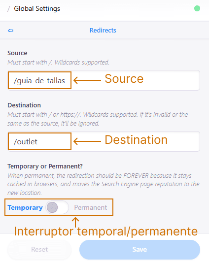 Options de l’éditeur de redirection
