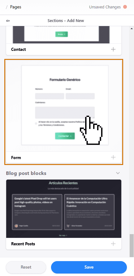 Option Form dans la liste des blocs.