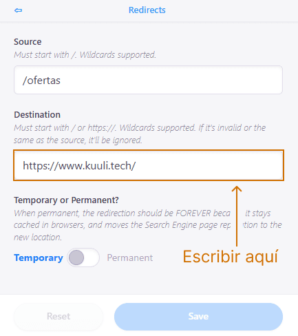 Une URL dans le champ Destination