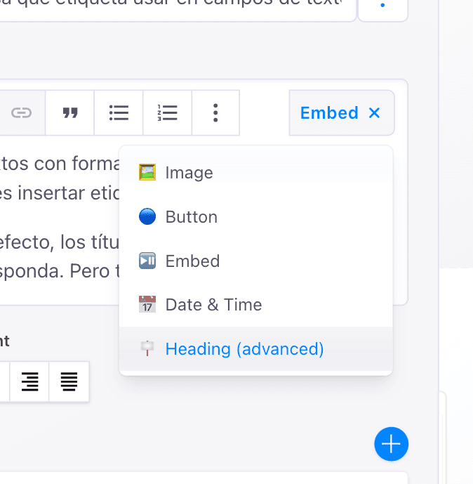 Capture d’écran ajout de l’élément Heading (advanced)
