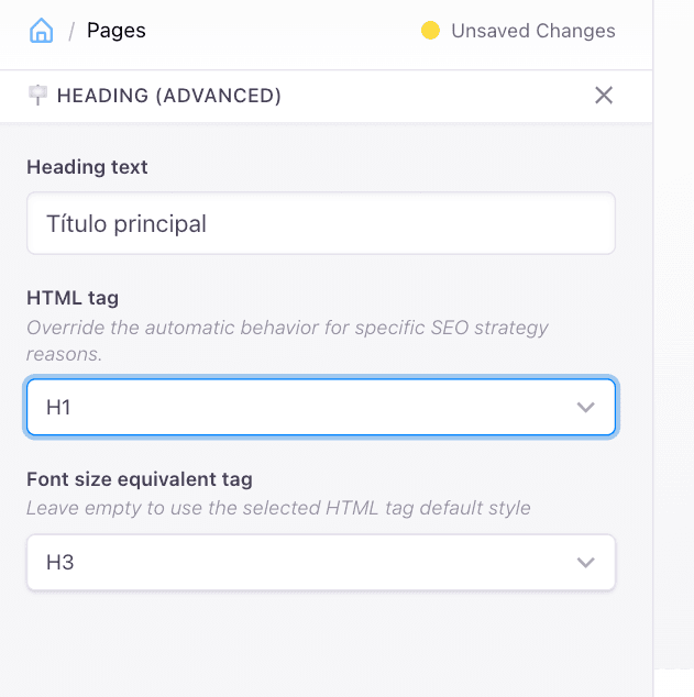 Capture d’écran de l’édition du heading advanced