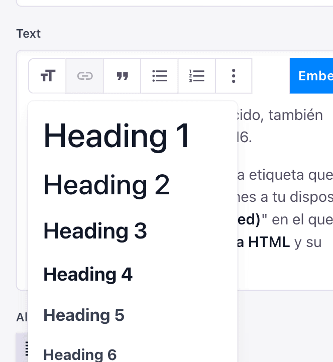 Capture d’écran de l’éditeur RTE avec sélecteur de headings