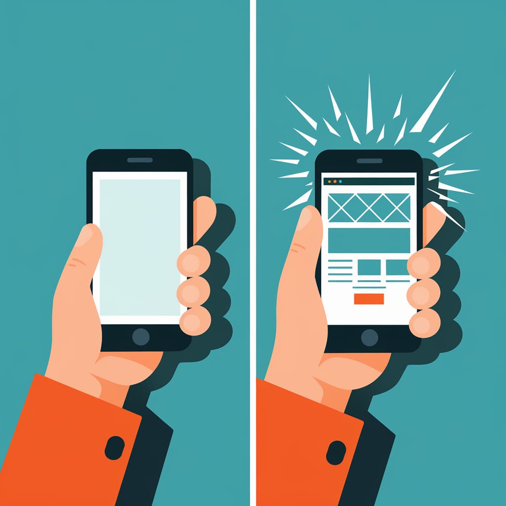 À gauche, un smartphone vide, et à droite, un smartphone qui vient de charger une page