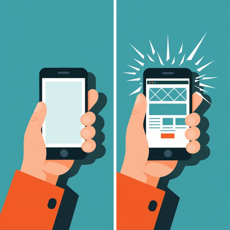 À gauche, un smartphone vide, et à droite, un smartphone qui vient de charger une page