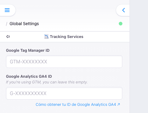 Barre de l’éditeur Marte avec les champs GTM et GA
